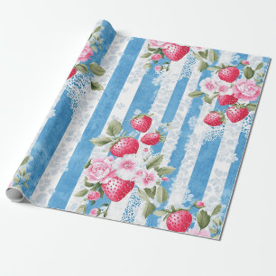Aardbeien & Bloemen op Blue Stripes Cadeaupapier