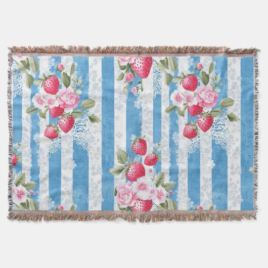 Aardbeien & Bloemen op Blue Stripes Deken (Voorkant)