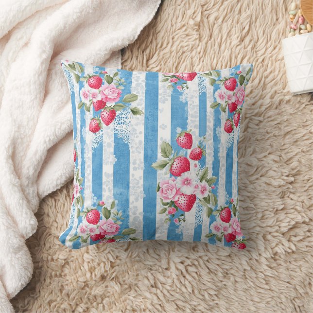 Aardbeien & Bloemen op Blue Stripes Kussen (Deken)