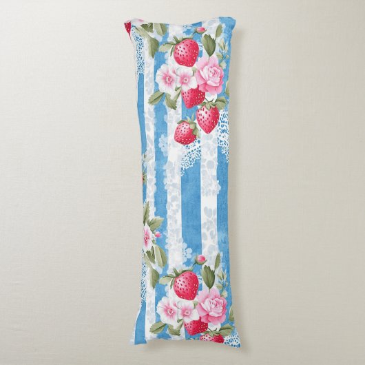  Aardbeien & Bloemen op Blue Stripes Lichaamskussen (Voorkant Verticaal)