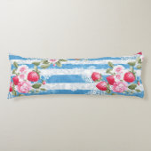  Aardbeien & Bloemen op Blue Stripes Lichaamskussen (Voorkant)