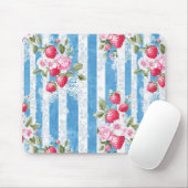Aardbeien & Bloemen op Blue Stripes Muismat (Met muis)