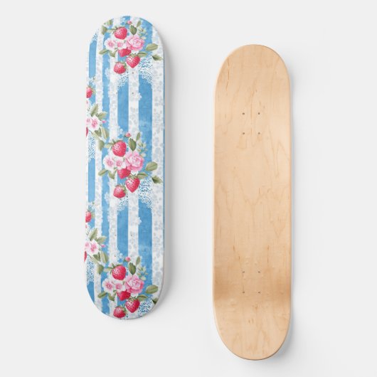  Aardbeien & Bloemen op Blue Stripes Persoonlijk Skateboard (Voorkant)