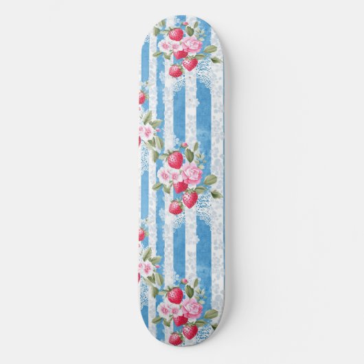  Aardbeien & Bloemen op Blue Stripes Persoonlijk Skateboard (Voorkant)