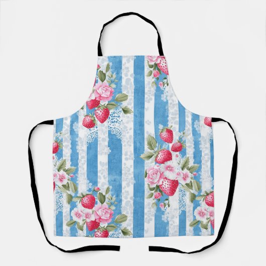 Aardbeien & Bloemen op Blue Stripes Schort (Voorkant)