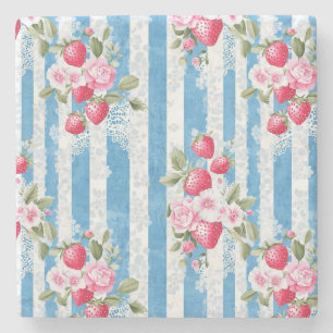 Aardbeien & Bloemen op Blue Stripes Stenen Onderzetter