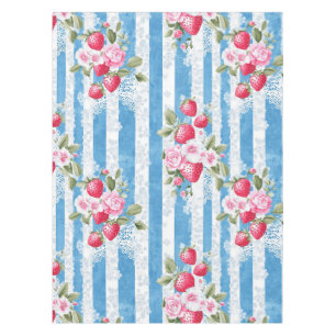Aardbeien & Bloemen op Blue Stripes Tafelkleed