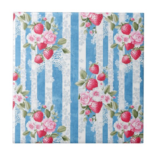Aardbeien & Bloemen op Blue Stripes Tegeltje (Voorkant)