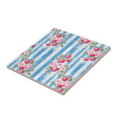 Aardbeien & Bloemen op Blue Stripes Tegeltje (Zijkant)