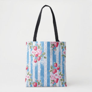 Aardbeien & Bloemen op Blue Stripes Tote Bag