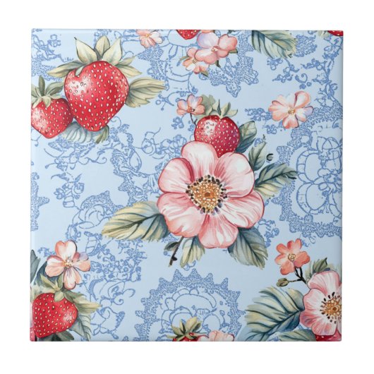 Aardbeien & Bloemen Patroon Tegeltje (Voorkant)