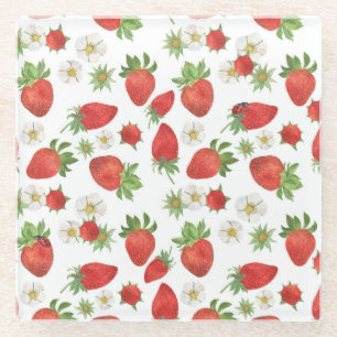 Aardbeien Bloemen: Waterverf Naadloze Kunst Glazen Onderzetter