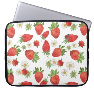 Aardbeien Bloemen: Waterverf Naadloze Kunst Laptop Sleeve