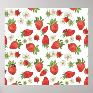 Aardbeien Bloemen: Waterverf Naadloze Kunst Poster