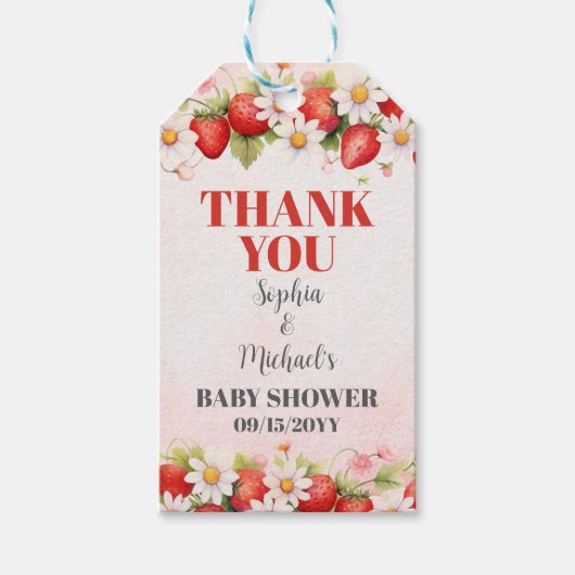 Aardbeien Bloemige Baby Shower Cadeaulabel (Voorkant)