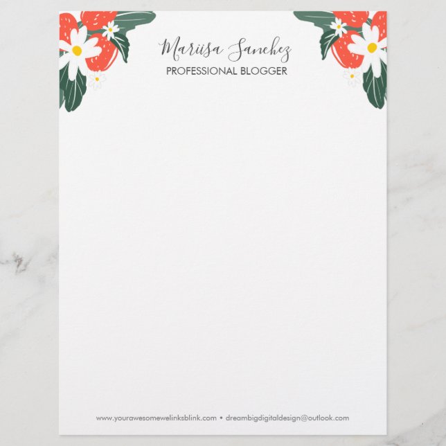 Aardbeien Bloemschrift Naam Modern Briefpapier Briefhoofd (Voorkant)