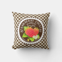 Aardbeien Bruine Gingham Worp Kussen