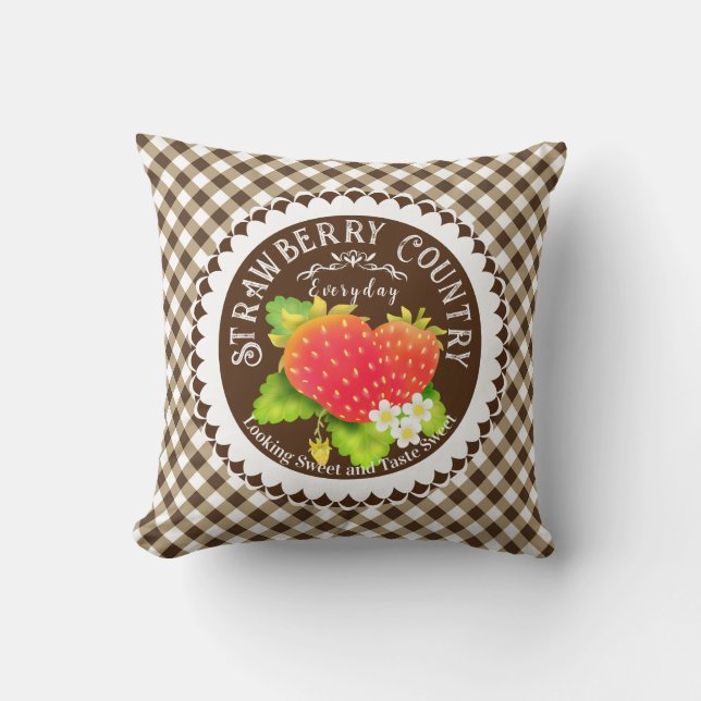 Aardbeien Bruine Gingham Worp Kussen (Voorkant)