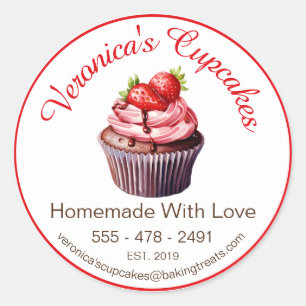 Aardbeien cupcake met contactgegevens ronde sticker