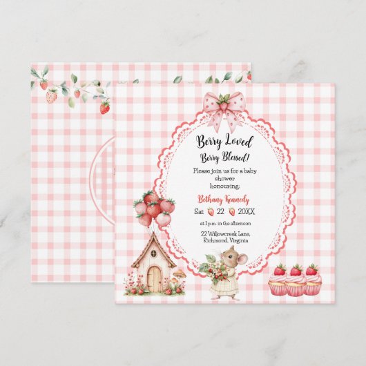 Aardbeien Cupcake Muis Baby Shower Uitnodiging (Voorkant / Achterkant)