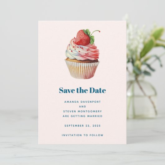 Aardbeien Cupcake Zoete Dessert Bruiloft Save The Date (Staand voorkant)