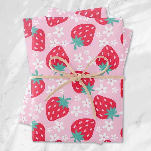 Aardbeien Daisies Patroon roze rood Inpakpapier Vel
