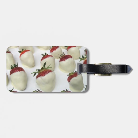 Aardbeien die in witte chocolade zijn ondergedompe bagagelabel (Achterkant horizontaal)