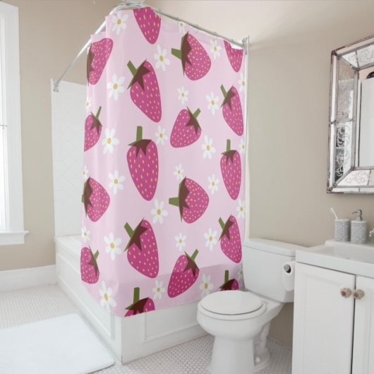 Aardbeien Disies Floral Pattern Girly Pink Douchegordijn