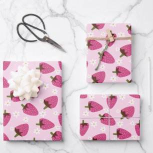 Aardbeien Disies Floral Pattern Girly Pink Inpakpapier Vel