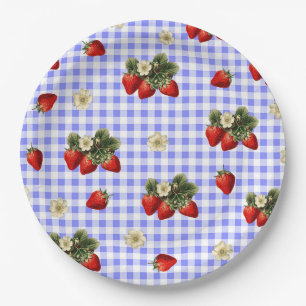 Aardbeien en blauwe geruite schattige papieren bor bordje