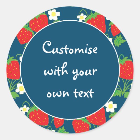 Aardbeien en Bloemen Blauw Aangepaste Tekst Ronde Sticker (Voorkant)