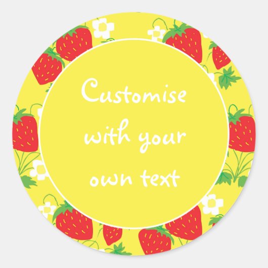 Aardbeien en Bloemen Geel Aangepaste Tekst Ronde Sticker (Voorkant)