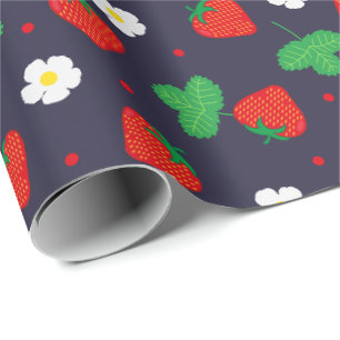 Aardbeien en bloemen op Navy Blue Cadeaupapier