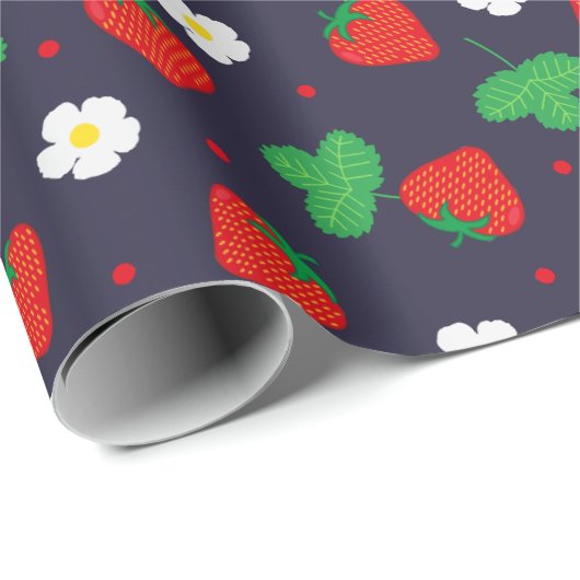 Aardbeien en bloemen op Navy Blue Cadeaupapier (Rol Hoek)