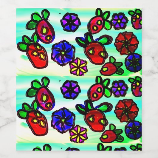 Aardbeien en bloemen wijn etiket (Enkel label)