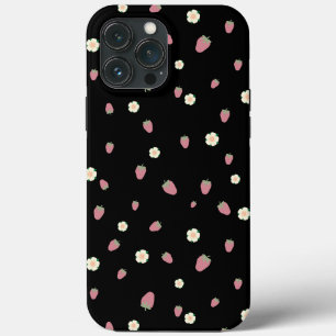Aardbeien en bloemen Zwart Patroon Case-Mate iPhone Case