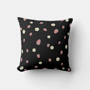 Aardbeien en bloemen Zwart Patroon Kussen