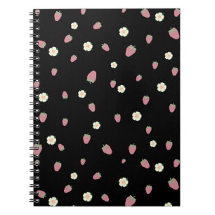 Aardbeien en bloemen Zwart Patroon Notitieboek