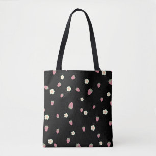 Aardbeien en bloemen Zwart Patroon Tote Bag