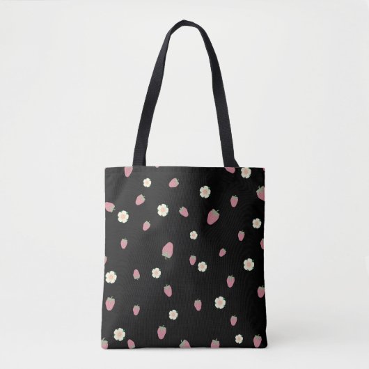 Aardbeien en bloemen Zwart Patroon Tote Bag (Voorkant)