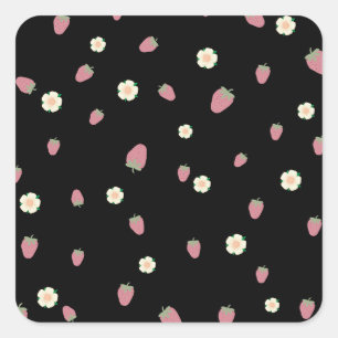 Aardbeien en Bloemen Zwart Patroon Vierkante Sticker
