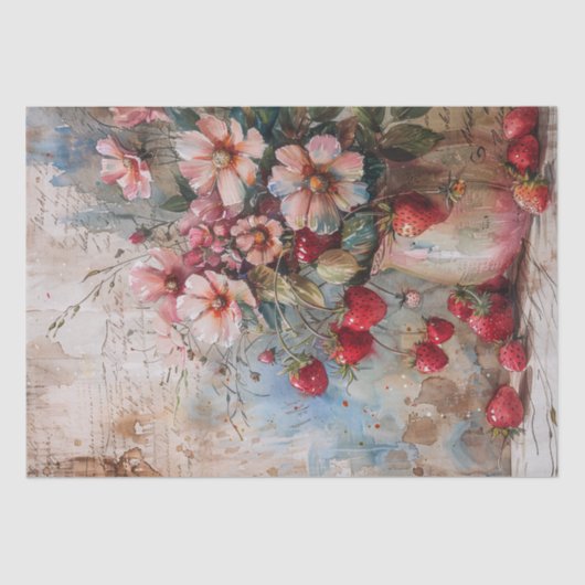 Aardbeien en bloesems Waterverf Decoupage Tissuepapier (Voorkant)