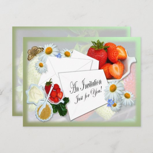 Aardbeien en crème ~ Invitation Briefkaart (Voorkant / Achterkant)