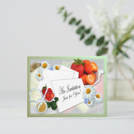 Aardbeien en crème ~ Invitation Briefkaart (Staand voorkant)