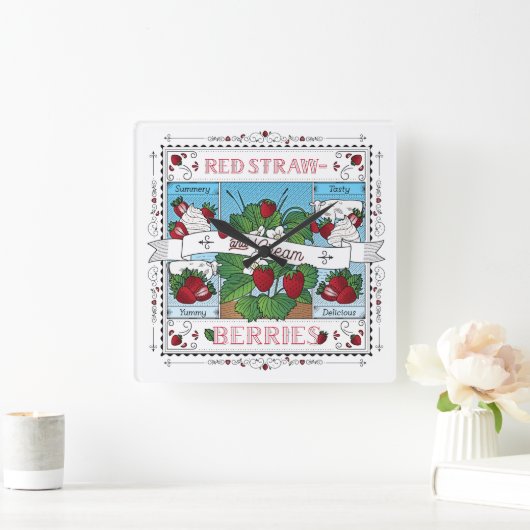 Aardbeien en crèmeklok vierkante klok (Huis)