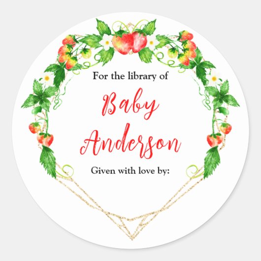 Aardbeien en Daisies Baby shower Bookplate Ronde Sticker (Voorkant)
