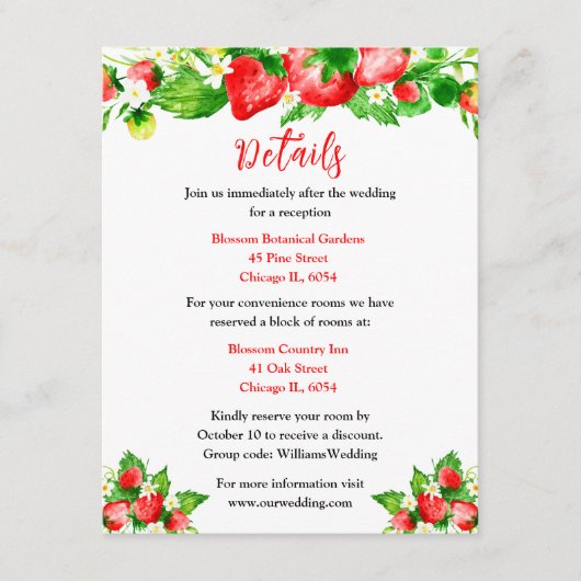 Aardbeien en Daisies Bruiloft Details Informatiekaartje (Voorkant)