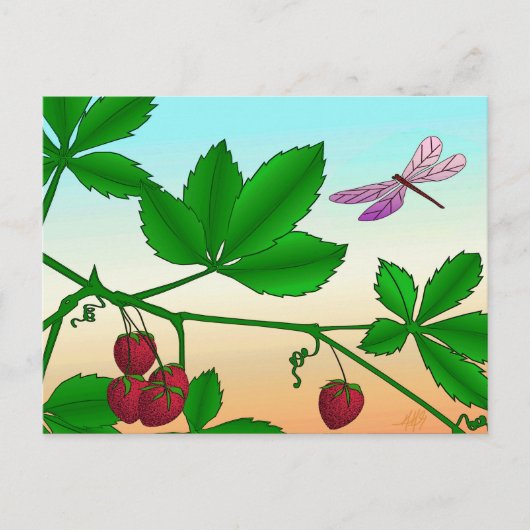 Aardbeien en de dragonvliesdruk briefkaart (Voorkant)