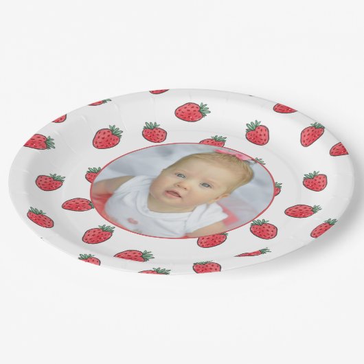 Aardbeien en foto verjaardagsfeestje papieren bordje (Gekanteld)