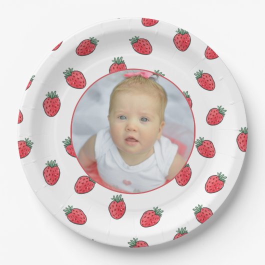 Aardbeien en foto verjaardagsfeestje papieren bordje (Voorkant)
